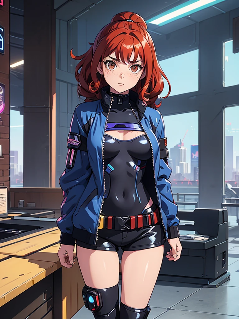 (masterpiece), (best quality), 1 girl, red hair,((brown eyes)),curly hair, anime style, freckles, (mall breast, (petite figure), blue and black cyberpunk jacket, legs, desert background