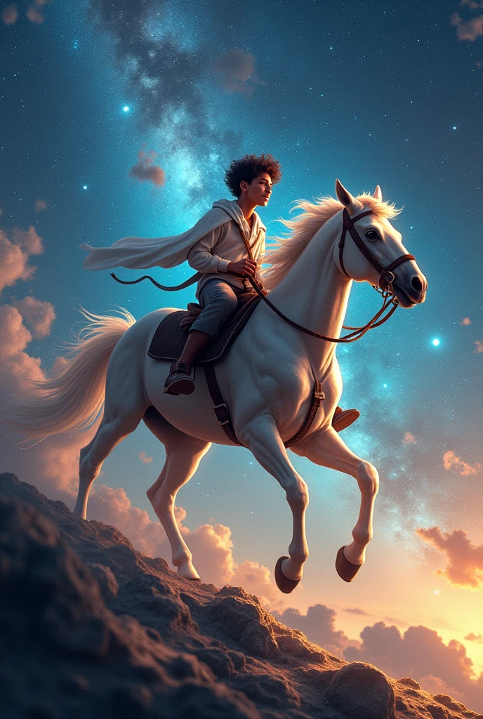 centaur, Half-human horse, fantasy story, muscular human upper body, horse lower body, in a vast meadow under a starry night sky, gentle mist and magical light, wearing mystical accessories, peaceful and otherworldly atmosphere, stars and shooting stars in the background