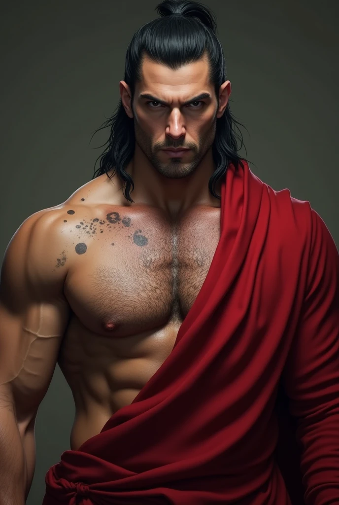 (realist) Attractive man between 28 and 3, Tez blanca, scars on the body, shoulder length black hair, gathered in a half ponytail, covered only with a red cloth, naked torso, MUSCLE AND TALL (210 cm approximately) marked features, leader of a secret organization, black eyes, no beard or mustache
