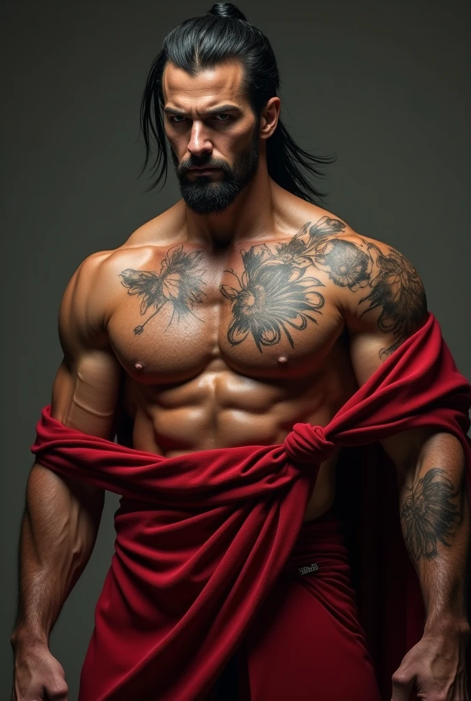 (realist) Attractive man between 28 and 3, Tez blanca, scars on the body, shoulder length black hair, gathered in a half ponytail, covered only with a red cloth, naked torso, MUSCLE AND TALL (210 cm approximately) marked features, leader of a secret organization, black eyes, no beard or mustache