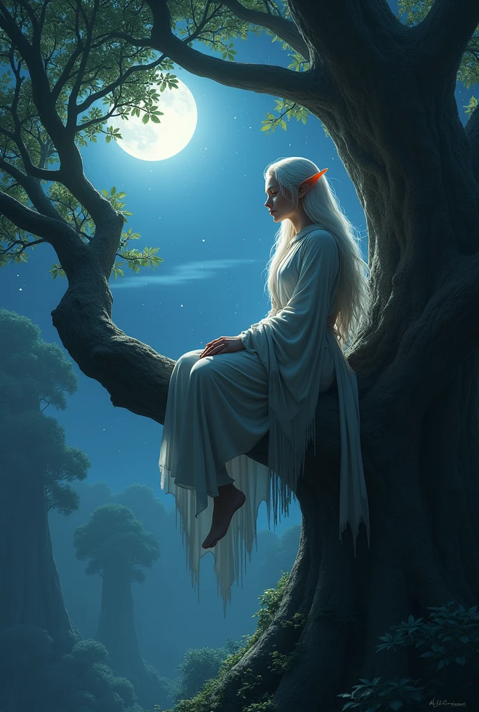 White haired elf on top of a tree at night in HD