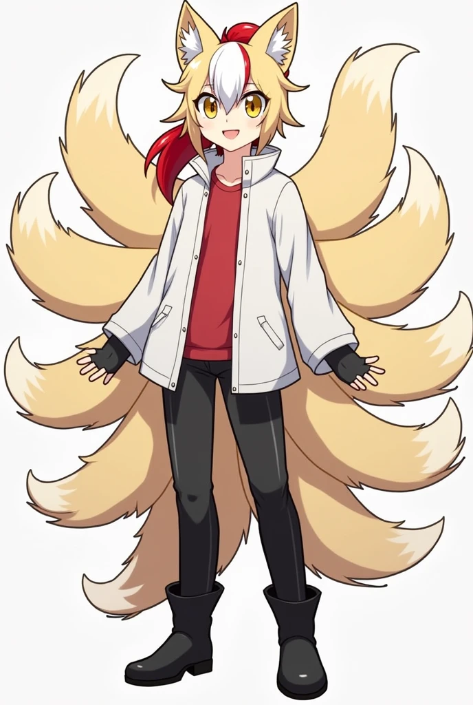 Create a Kitsune with half white and half red hair, with a ponytail, with fringe on the left side, yellow eyes, eyes large, humanoid, with ears and nine tails, o nome dele é Kito Kaiiatsubaky, Men's White Windbreaker Jacket with Red Shirt, black pants and men's black boots, with black gloves, Personalidade: always cheerful and lively and willing to protect his friends and companions.