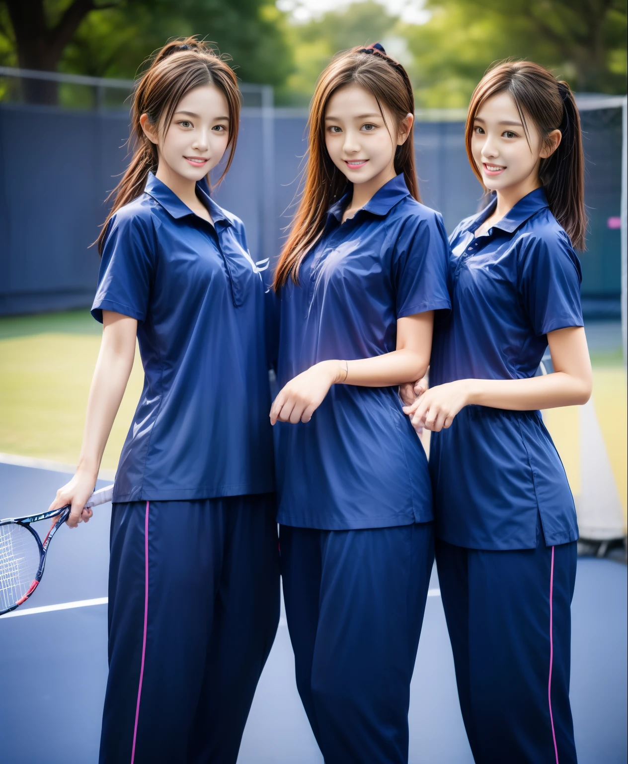 3 girls play tennis at tennis courts, Navy blue short-sleeved shirt,Navy Long Trackpant,Sweatpants, Sweatpantsขายาว,2 girl, lesbian, sexy, exercise clothes, wet body, exercise clothes