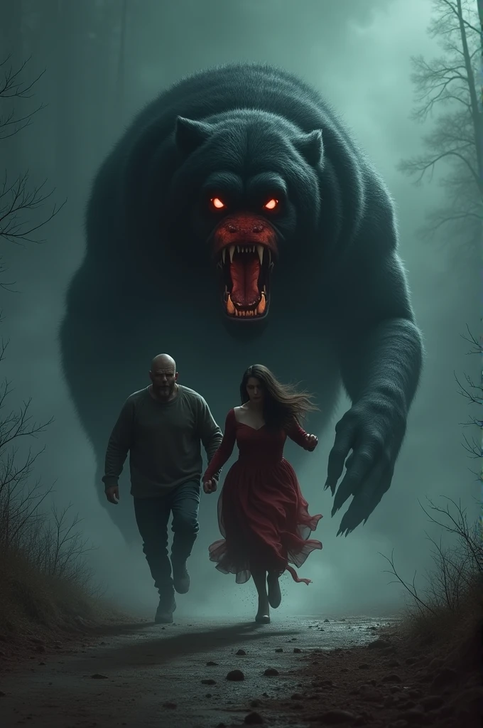 Man and fat brunette woman, chased by a huge, monstrous black dog, red eyed, showing his fangs