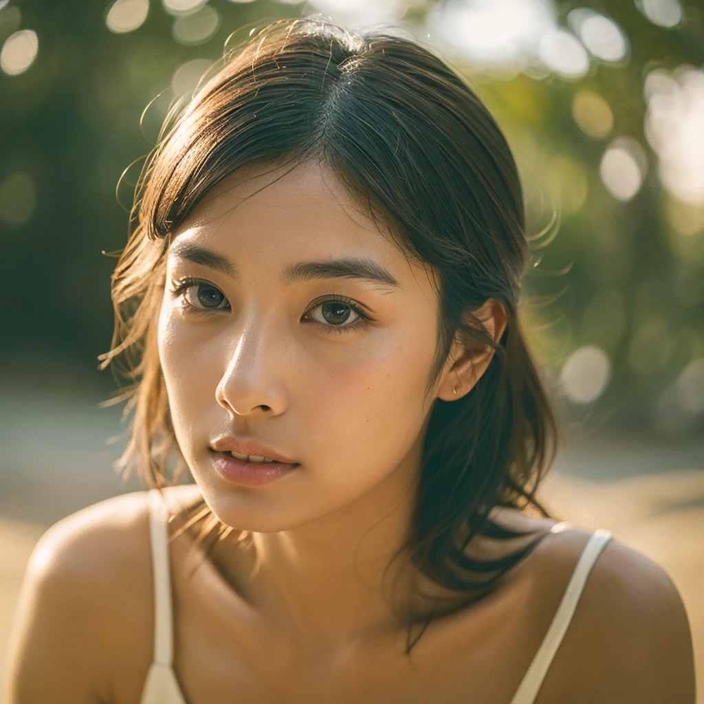 A hyper-realistic image of a single Japanese woman in her early 20s, captured with the nostalgic warmth and subtle graininess of a film camera. Her skin has a warm beige tone with a natural, slightly rough texture that includes visible pores, fine lines, and subtle imperfections such as small blemishes, adding to the authenticity of her appearance. The soft, diffused natural light enhances the film-like quality, casting gentle shadows that create a timeless, organic feel. Her straight, glossy black hair frames her face in a natural, slightly tousled manner, and her deep brown eyes reflect the ambient light, adding depth and emotion. The film camera effect introduces a slight grain and a softer focus, giving the image a warm, nostalgic atmosphere while maintaining the realistic texture of her skin. She is dressed simply, in a way that complements her natural beauty, with the overall composition designed to evoke a sense of genuine, understated elegance. The use of natural light, combined with the deliberately rougher texture of her skin and the film-like qualities, ensures that this image captures the imperfections that make her beauty truly lifelike, focusing solely on this one individual.Seaside