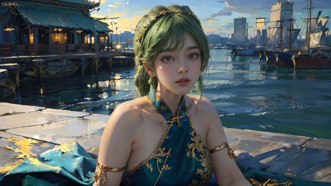 (The huge harbor in the background:1.5)，Oil painting style,The girl is on the other side,,Gold headdress，(green medium hair:1.2)，Late Night,(Blue cheongsam:1.2),(Metal:1.2),(Fat Face:1.2),(Upper body:1.),(Blue armlet:1.1),Crimson lips,With bangs