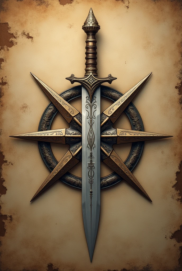 Compass rose with cardinal points made with a dagger