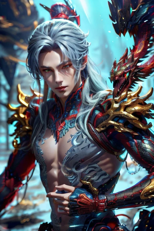 (Best Quality, 8K, Masterpiece, HDR, Soft Lighting, Picture Perfect, Realistic, Vivid), Male Humanoid Dragon (1.0),9 halo divine  ring at back,circle shape ring at back super detailed,1 Guy, (((male))),light red lips, Perfect Face, Super Detailed Photo of a Magnificent Humanoid Dragon man with long silver hair,golden amber eyes,eyes detailed,super ultra detailed eyes,reality eyes look((no noice)),Beautiful anime fantasy, background blur, anime fantasy, Gouves style work, realistic: 1.37, long silver hair, full lips, (((Curvy guy))), (Ultra high quality fantasy art) , Masterpiece , male model, ultra high quality male character designs, detailed 8k anime art, realistic anime art, highest quality wallpapers, intricate ultra high quality accurate male characters faces, high quality design and accurate physics (fantasy - ultra high quality) art) , dark  fantasy style), masterpieces, super high-quality characters, anime resolution - 8K, realistic anime art, wallpapers with the highest quality illustrations, ultra-high detail of faces, high-quality design and accurate physics), color, depth of field, shadows, ray tracing, high quality execution. -high quality and 8K resolution, (Accurate simulation of the interaction of light and materials)], [High-quality hair detail [Read more about beautiful and shiny white hair]], (Beautifully detailed hands [perfect fingers [Perfect nails]]], (perfect anatomy ( perfect proportions)))) [[Full height]], [Perfect combination of colors (Accurate imitation of the interaction of light and material)], [art that conveys the meaning of the story](modified)