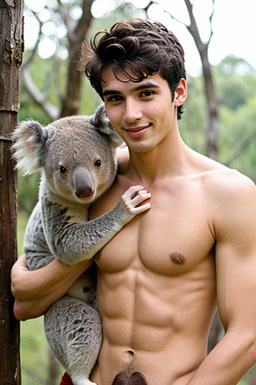 Young handsome cute beautiful skinny white face without shirt  con una animal koala alsandolo