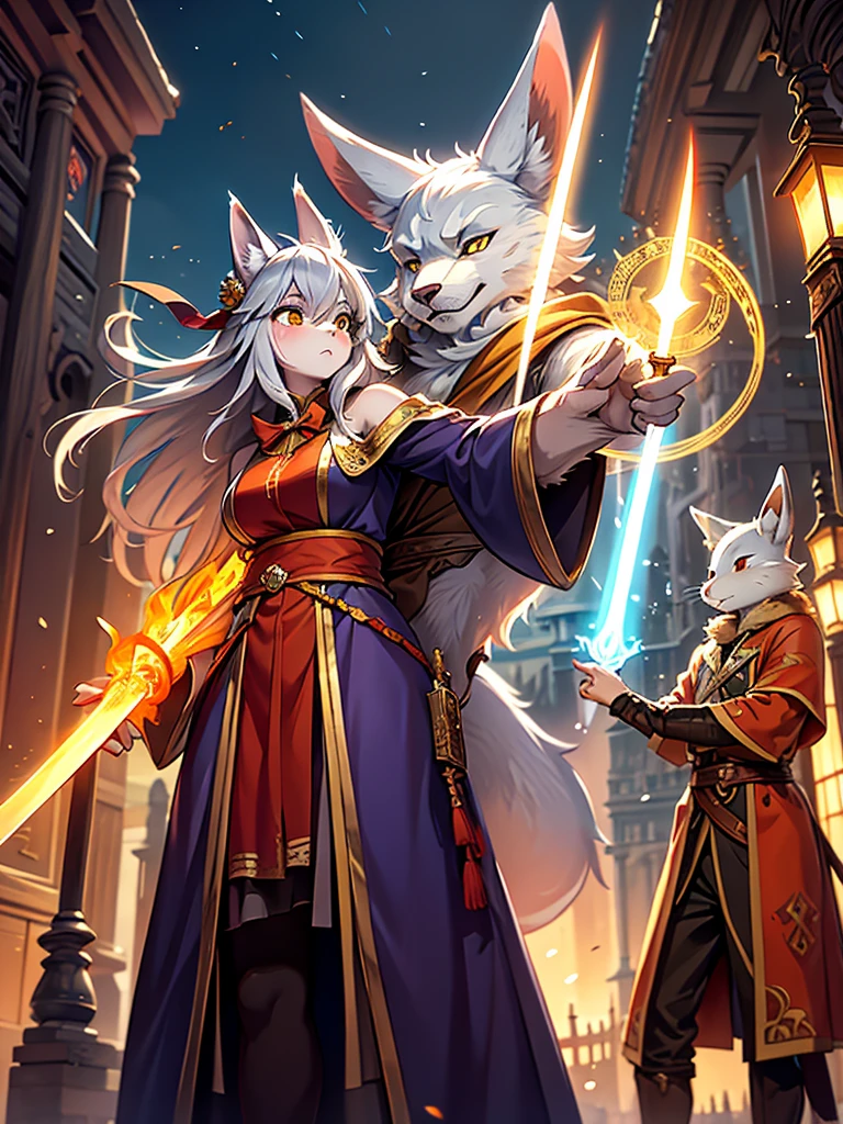 (Mucha style:0.5) , furry , Adventure fantasy, the magician old silver wolf , with the droopy-eared swordsman orange rabbit girl , The Swordsman supports the Magician while he is casting a spell.