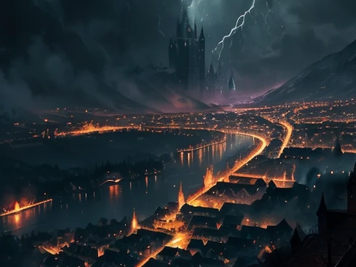 rainy village, medieval village, tempest, RPG medieval, grimdark, raios e tempest, Night rain, noite de tempest, medieval era, rainy little town, pequena cidade na tempest, view from above, wet floor, RPG medieval, storm town, raintown, rain valley, raining night, dark night, dark and rainy little town, medieval environment, mysterio
