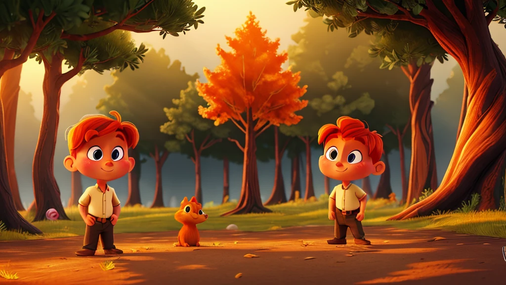 "A vibrant digital painting of a ginger-haired boy, Tommy, with a gentle smile, explaining to a frightened squirrel, Sammy, the reason behind his investigation. The scene is set in a twilight forest, with golden sunlight illuminating their faces. Sammy, with his wide, bright eyes, listens intently, while Tommy gestures with his hands. In the background, the silhouette of a giant tree stands out against the orange sky, creating an atmosphere of mystery and hope."