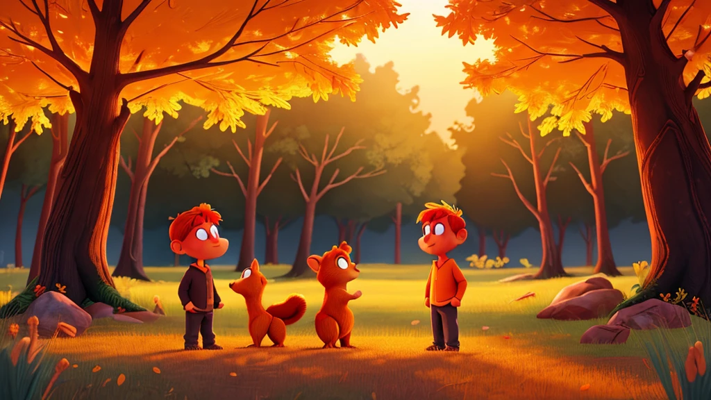 "A vibrant digital painting of a ginger-haired boy, Tommy, with a gentle smile, explaining to a frightened squirrel, Sammy, the reason behind his investigation. The scene is set in a twilight forest, with golden sunlight illuminating their faces. Sammy, with his wide, bright eyes, listens intently, while Tommy gestures with his hands. In the background, the silhouette of a giant tree stands out against the orange sky, creating an atmosphere of mystery and hope."