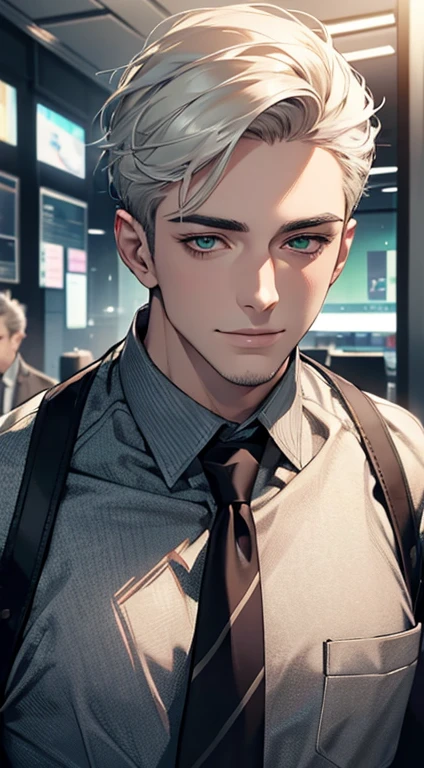 (Highest quality,4K,8K,High resolution,masterpiece:1.2),Super detailed,(Realistic,photoRealistic,photo-Realistic:1.37),1 personld,Mature Men,Beautiful skin、very handsome,Expressionless smile in love,Short white hair,green eyes,Sharp Eyes,A perfect face without a doubt,Businessman, CEO, Office Background,Cinema Lighting,HDR image,tie、
