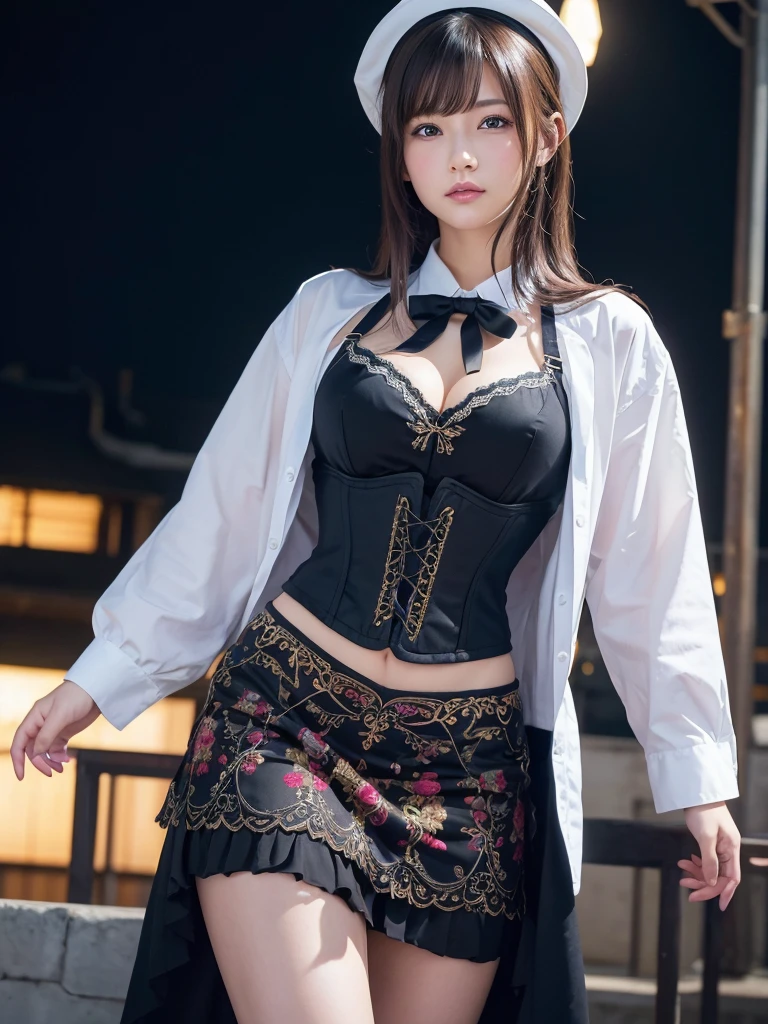 steampunk, steampunkのロングスカート,__Cinematic Light__, 1 female, masterpiece, Perfect Face, Golden Hair,
Blue colored eyes,very cute, (Perfect Eyes:1.1),Beautiful woman,One female,Steam powered machinery , gear ,
goggles, Realistic, wearing intelligent-looking glasses、Realistic characters,She's wearing a small, cute silk hat on her hair.、
The background is a neon street at night, lots of streetlights in the background、Hyper Photorealism,
very high contrast photo, Cinematic lighting, Dramatic lighting, Perfectly detailed face,
1 girl,Carl Zeiss 85mmF/1.4,Leica 85mmF/1.2,Bokeh ball, sexy, whole bodyショットウルトラディテール、
超A high resolution、E-cup bust,gearの刺繡が入ってるロングスカート,The long skirt is beautifully embroidered、
The long skirt has an intricate floral embroidery.、The long skirt has lots of embroidery、wearing a corset with cute embroidery、wearing a corset around the waist、The corset is black,
(masterpiece, Highest quality:1.4), whole body, (Are standing:1.2), Watching the audience, smile, 1,
(Medium bob hair),Carl Zeiss 85mmF/1.4、Bokeh ball, Beautiful breasts , (European youth:1),
髪にgogglesをかぶっている、Showing panties、Panties are light brown with embroidery、
lifting up the skirt to show it off、Show what's under your skirt、Showing panties、I can see your chest、black bra visible on the chest、cute chest bra,ブラがsexy
可愛いガーターベルトをしてる、明るい茶色のsexyなガーターベルト、、Garter belt with frills