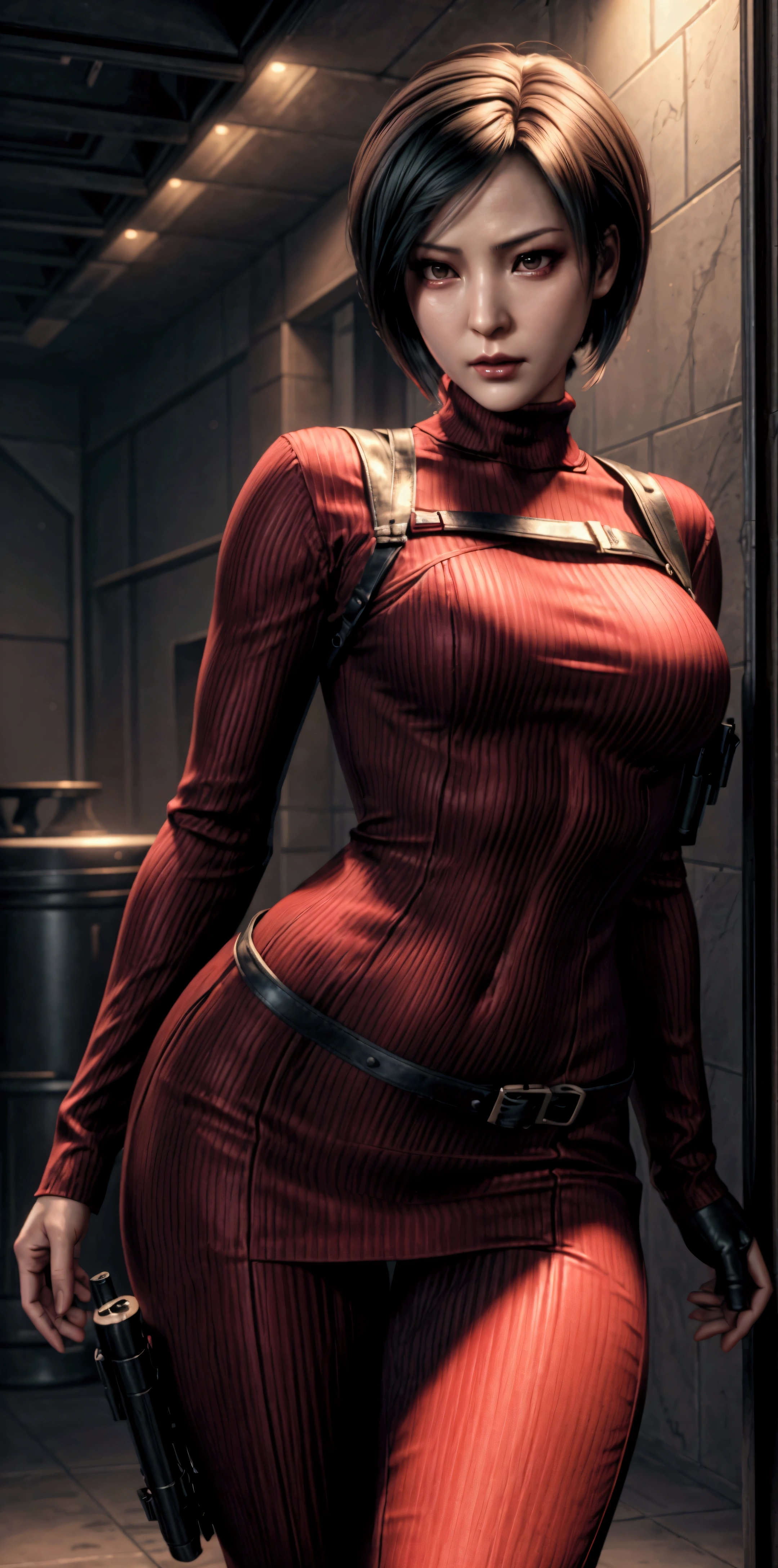 Ada wong, resident evil art, realistic skin, detailed pretty face, beautiful face, thin narrow waist, medium round breatst, red tight dress, military straps and belts, ribbed sweater, realistic, sexy pose, open beauty legs, perfect hips, ultra realistic
