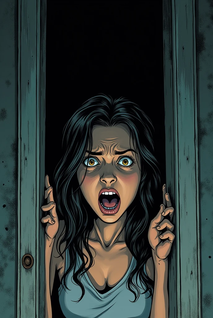 You can create a horror comic type image following this text:The basement door is barely open, showing the darkness within. Sarah turns around sharply, with eyes wide open in terror.