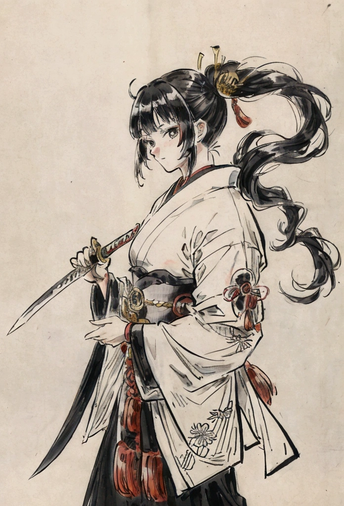 Anime Character Design　Anime Character Reference Sheet　Concept Character　black and white manga style　Taisho Romance　action　Japanese sword　man　Women　samurai　delicate　Twin tails