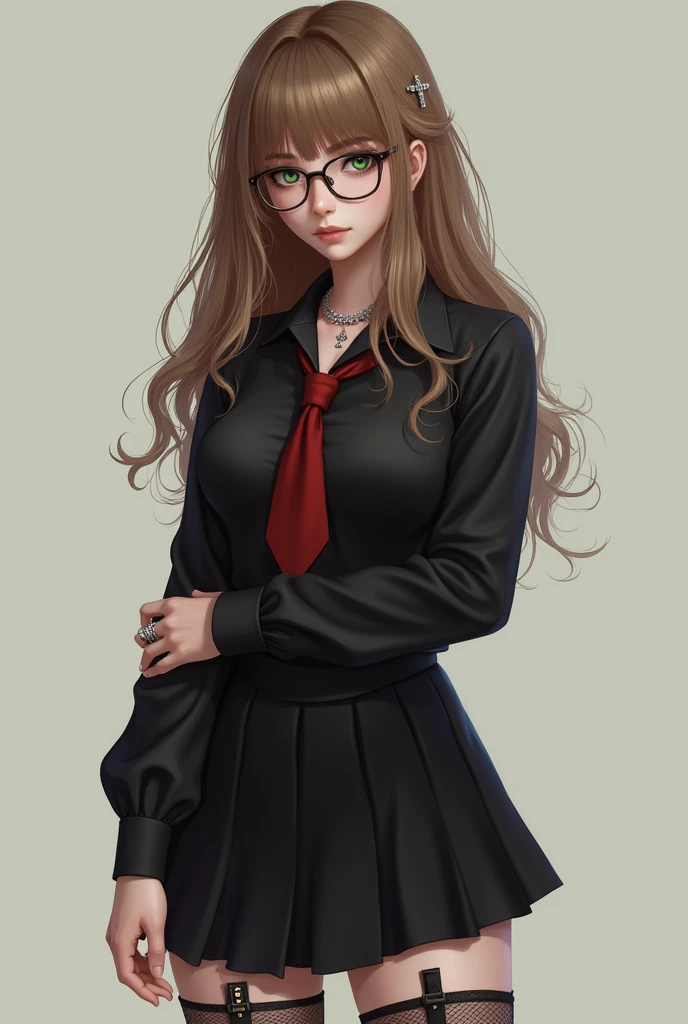 Portrait of a  sexy brunette girl who has long golden brown wavy hair that reaches her elbows, feathered hair bangs, she's 5'2 tall, pale skin, green emerald eyes, wears glasses, has sad eyes, wears a black collared buttoned shirt with a crimson red necktie, she wears a black skirt that reaches halfway down her thighs, she wears black knee-high fishnet socks, wears formal women's dress shoes, wears a silver pendant and a silver cross necklace, has a silver ring on a middle finger and a black metallic ring on the wedding finger, she wears a motique that pins her hair beautifully on top of her head. She has boobs that are big for her age, a nice small bubble butt and a gap between her legs, She looks at me.