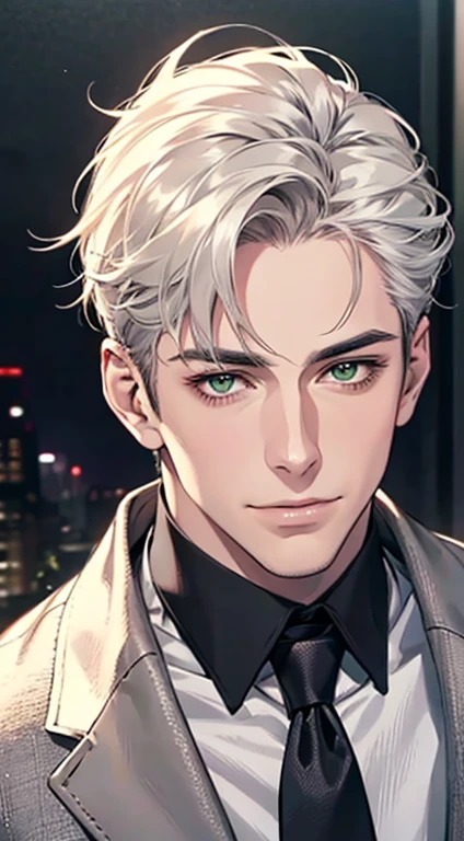 (Highest quality,4K,8K,High resolution,masterpiece:1.2),Super detailed,(Realistic,photoRealistic,photo-Realistic:1.37),1 personld,Mature Men,Beautiful skin、very handsome,Expressionless smile in love,Short white hair,green eyes,Sharp Eyes,A perfect face without a doubt,Businessman, CEO, Office Background,Cinema Lighting,HDR image,tie、