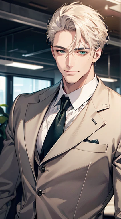 (Highest quality,4K,8K,High resolution,masterpiece:1.2),Super detailed,(Realistic,photoRealistic,photo-Realistic:1.37),1 personld,Mature Men,Beautiful skin、very handsome,Expressionless smile in love,Short white hair,green eyes,Sharp Eyes,A perfect face without a doubt,Businessman, CEO, Office Background,Cinema Lighting,HDR image,tie、