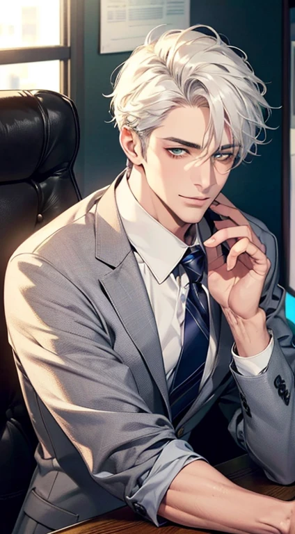 (Highest quality,4K,8K,High resolution,masterpiece:1.2),Super detailed,(Realistic,photoRealistic,photo-Realistic:1.37),1 personld,Mature Men,Beautiful skin、very handsome,Expressionless smile in love,Short white hair,green eyes,Sharp Eyes,A perfect face without a doubt,Businessman, CEO, Office Background,Cinema Lighting,HDR image,tie、