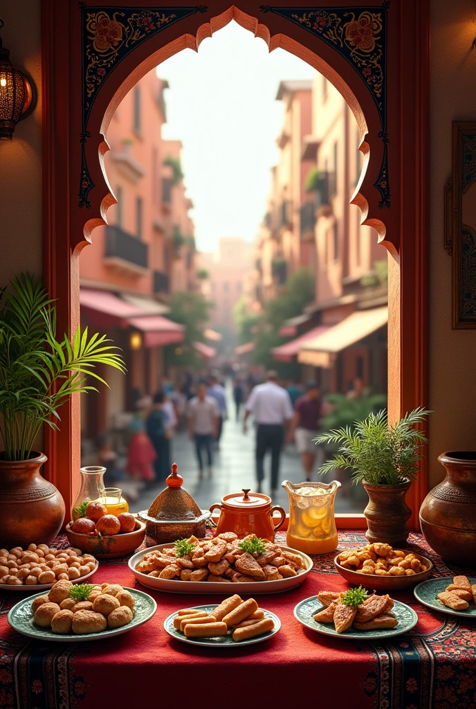 A view from a marrakesh window. There's a table with food, behind it there's a marrakesh window and from it we can see a parallel street and a historical house