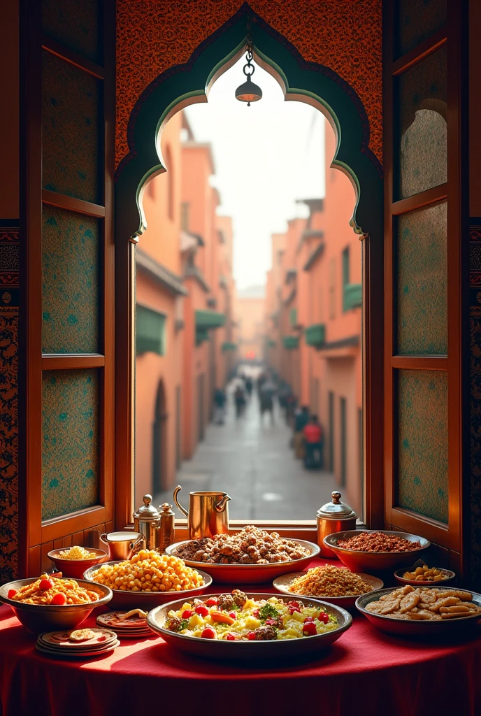 A view from a marrakesh window. There's a table with food, behind it there's a marrakesh window and from it we can see a parallel street and a historical house