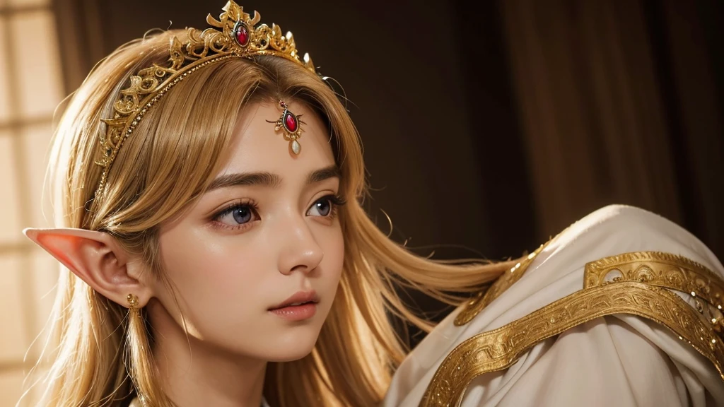 膝をつく、祈るポーズ"A delicate and detailed portrait of Princess Zelda from The Legend of Zelda, focusing on her upper body and face. Zelda stands with an air of quiet elegance, her posture regal and composed. She is adorned in a finely crafted royal gown, the fabric rich and textured, with intricate golden embroidery forming the Triforce symbol and other ancient patterns along the collar and bodice. Her long, golden hair cascades over her shoulders, perfectly framing her face. A delicate tiara rests gently on her forehead, encrusted with small, shimmering gems that catch the light. Zelda's face is a picture of grace, with smooth, porcelain-like skin and soft, delicate features. Her deep violet eyes are large and expressive, reflecting wisdom, compassion, and an inner strength. Her lips are slightly parted, showing a calm and gentle expression, as if she is on the verge of speaking. The overall impression is one of serene beauty and dignified power, embodying the spirit of the princess of Hyrule."