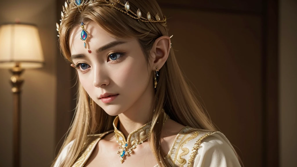 膝をつく、祈るポーズ"A delicate and detailed portrait of Princess Zelda from The Legend of Zelda, focusing on her upper body and face. Zelda stands with an air of quiet elegance, her posture regal and composed. She is adorned in a finely crafted royal gown, the fabric rich and textured, with intricate golden embroidery forming the Triforce symbol and other ancient patterns along the collar and bodice. Her long, golden hair cascades over her shoulders, perfectly framing her face. A delicate tiara rests gently on her forehead, encrusted with small, shimmering gems that catch the light. Zelda's face is a picture of grace, with smooth, porcelain-like skin and soft, delicate features. Her deep violet eyes are large and expressive, reflecting wisdom, compassion, and an inner strength. Her lips are slightly parted, showing a calm and gentle expression, as if she is on the verge of speaking. The overall impression is one of serene beauty and dignified power, embodying the spirit of the princess of Hyrule."