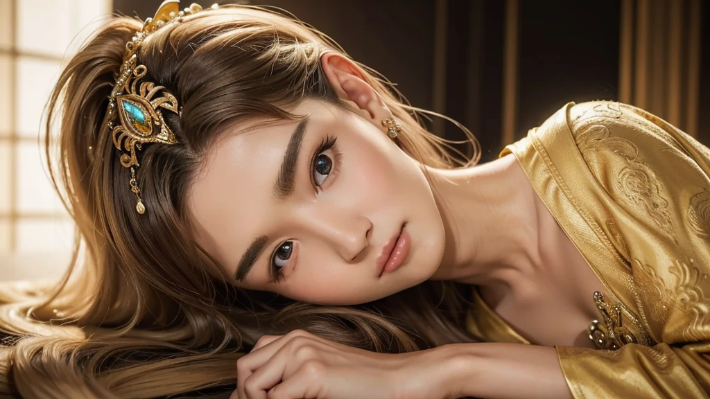 膝をつく、祈るポーズ"A delicate and detailed portrait of Princess Zelda from The Legend of Zelda, focusing on her upper body and face. Zelda stands with an air of quiet elegance, her posture regal and composed. She is adorned in a finely crafted royal gown, the fabric rich and textured, with intricate golden embroidery forming the Triforce symbol and other ancient patterns along the collar and bodice. Her long, golden hair cascades over her shoulders, perfectly framing her face. A delicate tiara rests gently on her forehead, encrusted with small, shimmering gems that catch the light. Zelda's face is a picture of grace, with smooth, porcelain-like skin and soft, delicate features. Her deep violet eyes are large and expressive, reflecting wisdom, compassion, and an inner strength. Her lips are slightly parted, showing a calm and gentle expression, as if she is on the verge of speaking. The overall impression is one of serene beauty and dignified power, embodying the spirit of the princess of Hyrule."