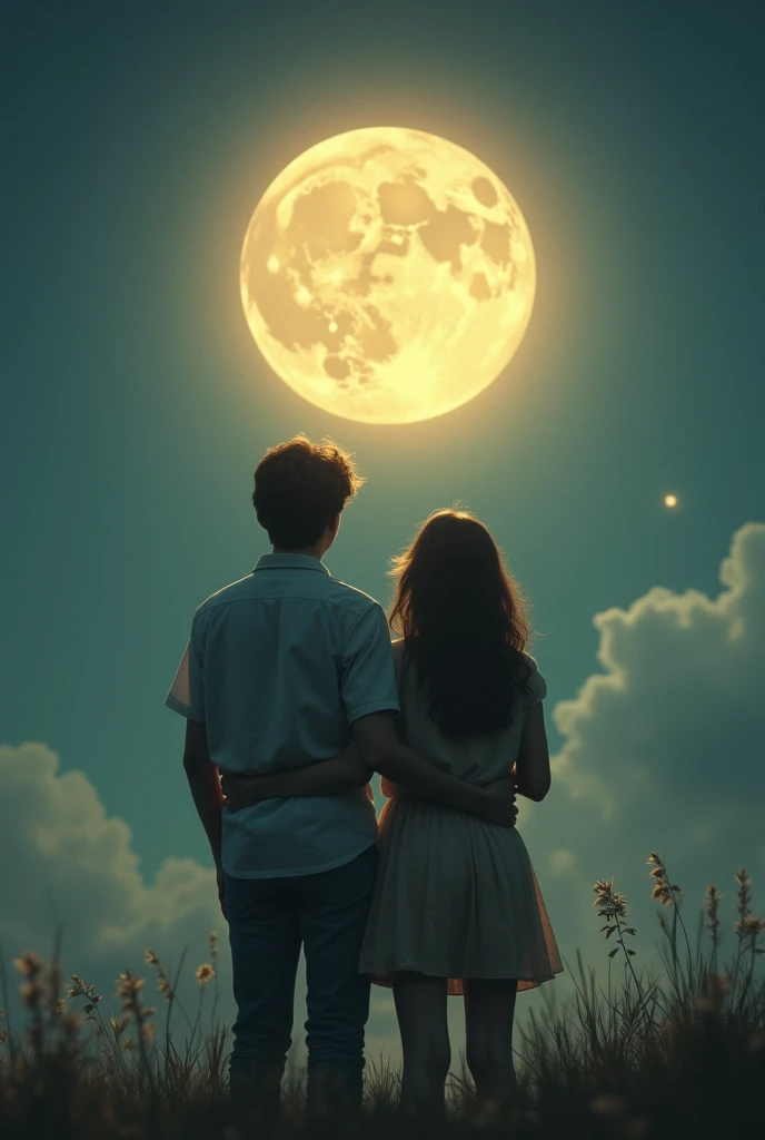 Vintage young couple looking at moon. Kind of blurry pic that gives a feel of 80s. Picture of thier while couple looking the moon