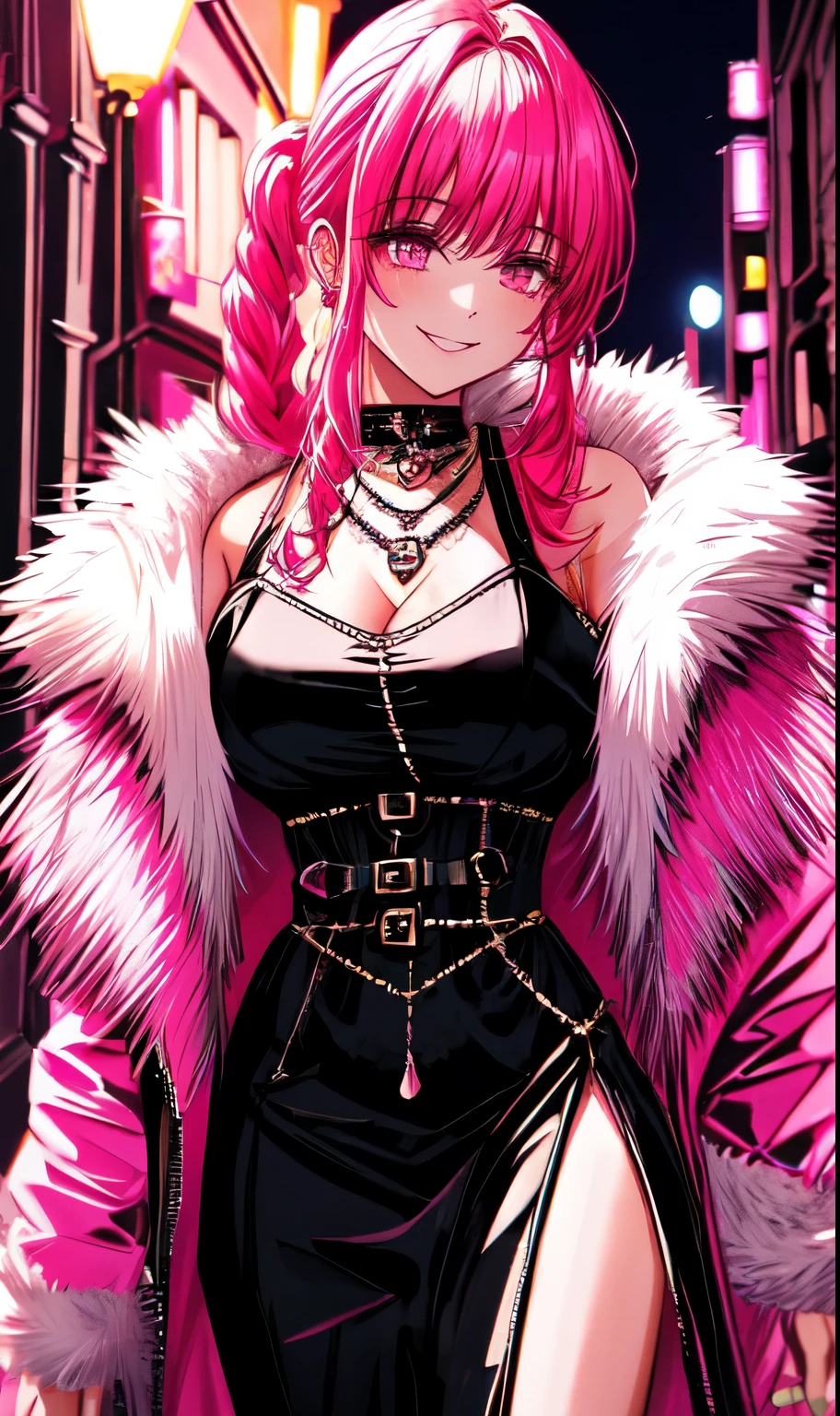 A beautiful gothic woman with long hot pink hair (haircut with bangs and ponytail), Latin eyes, smiling sweetly, wearing a stylish cyberpunk neon pink dress and a long fur jacket, Empty background of candlelit medieval street