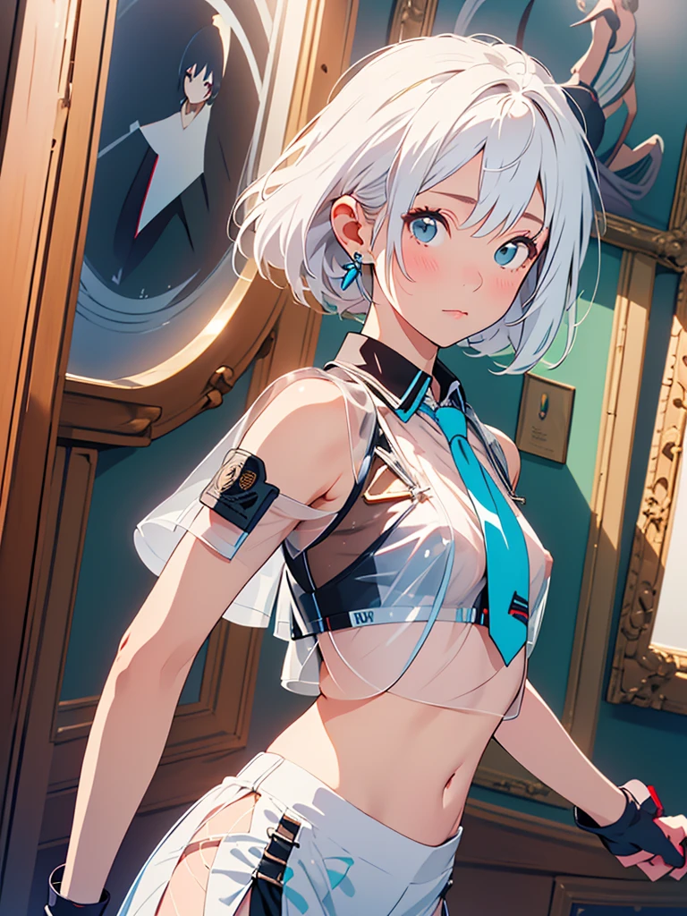 (quality)), ((masterpiece)), Recommended results, Puffy nipples, (see through:1.5), straighten your back, abdominal muscles, huge bust, angle to floor:1.2, low camera angle, Hair loss on crotch, Hatsune Miku,the best, masterpiece, high resolution, the best Quality, ultra high definition, Super details, The award-winning, 16k, (Upper body), beautiful girl, white hair, Hair, Hanging corners, White skin, (small) , (slim), ((Full-face military biochemical protective clothing)), earrings, (neck ring), (Short gloves as short as half the palm of your hand)