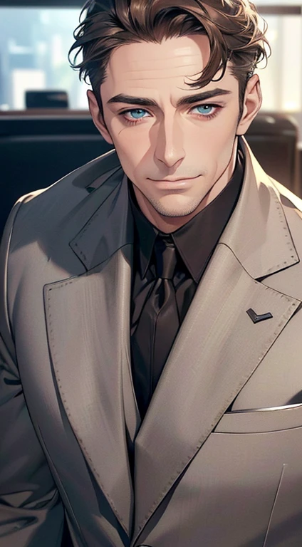 (best quality,4k,8k,highres,masterpiece:1.2),ultra-detailed,(realistic,photorealistic,photo-realistic:1.37),1 man,3,mature man,very handsome,without expression,smile,short grey brown hair,blue eyes,penetrating gaze,perfect face without errors,imposing posture,businessman,office background,cinematic lighting,hdr image