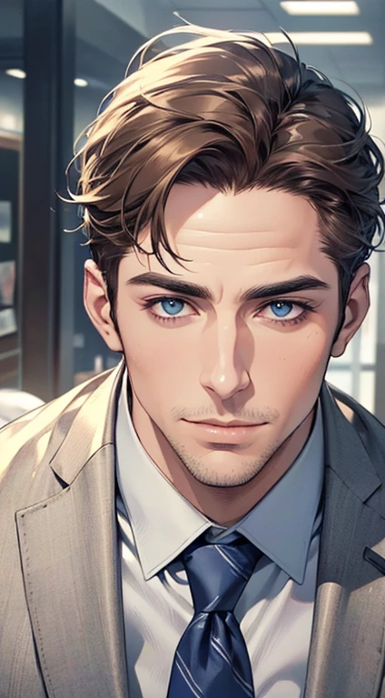 (best quality,4k,8k,highres,masterpiece:1.2),ultra-detailed,(realistic,photorealistic,photo-realistic:1.37),1 man,3, man,very handsome,without expression,smile,short grey brown hair,blue eyes,penetrating gaze,perfect face without errors,imposing posture,businessman,office background,cinematic lighting,hdr image