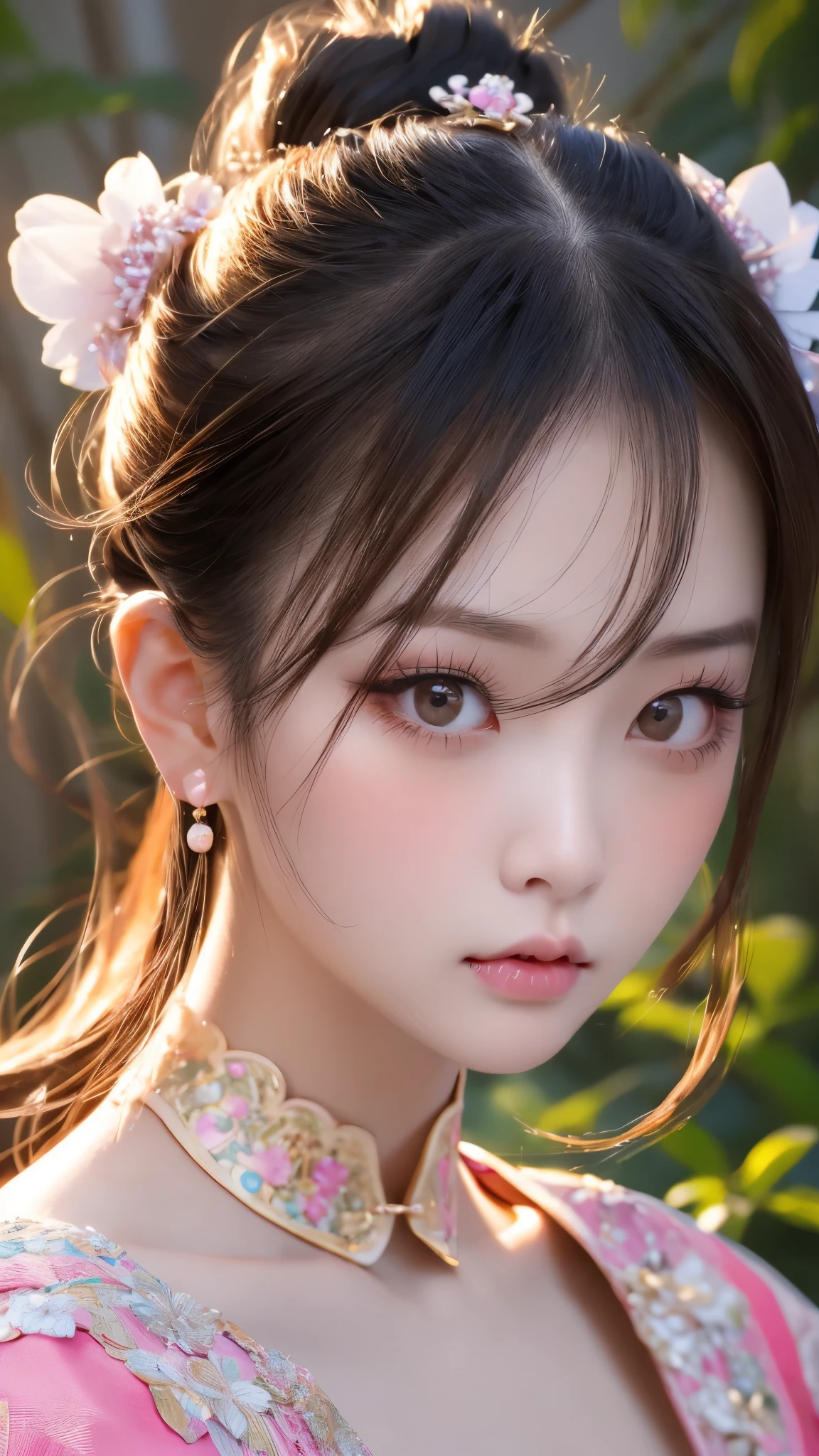 Beautiful and charming Chinese woman、Half-body photo、Delicate and sexy collarbone、Attractive oval face、double eyelid、Bright peach blossom eyes、Pink Lips、Small Nose、pout、Angry face、Face close-up、Black Hair、Bun Hair、Ultra-high resolution、Super detailed、Thank you、White china clothes、Fighter