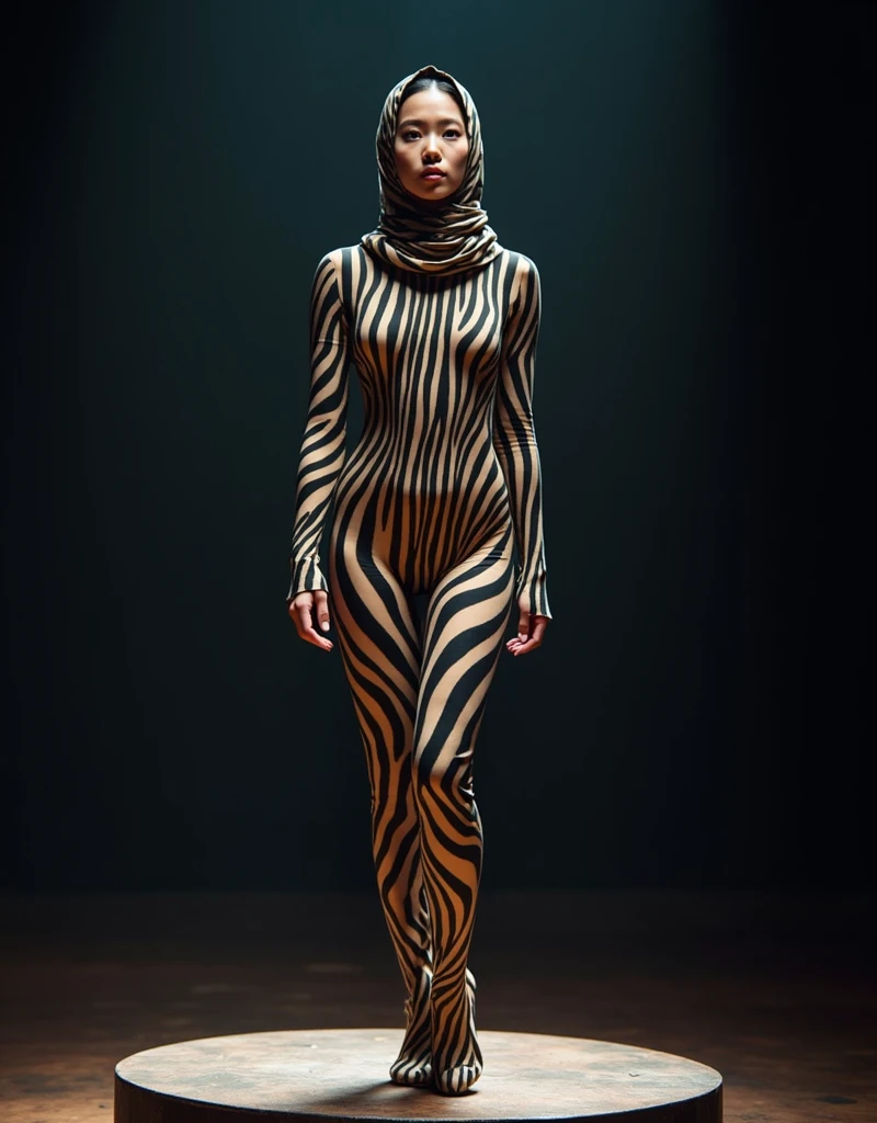 The most beautiful,thin,most cute and clever Asian muslimah girl wears zebra lycra turtleneck unitard catsuit covered with stripes.She always wear zebra print lycra dancewear rectangular hijab covered with stripes.She is on the circus pedestal!




