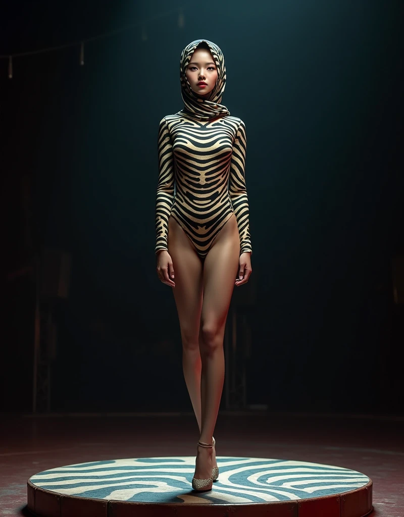 The most beautiful,thin,most cute and clever Asian muslimah girl wears zebra lycra turtleneck unitard catsuit covered with stripes.She always wear zebra print lycra dancewear rectangular hijab covered with stripes.She is on the circus pedestal!