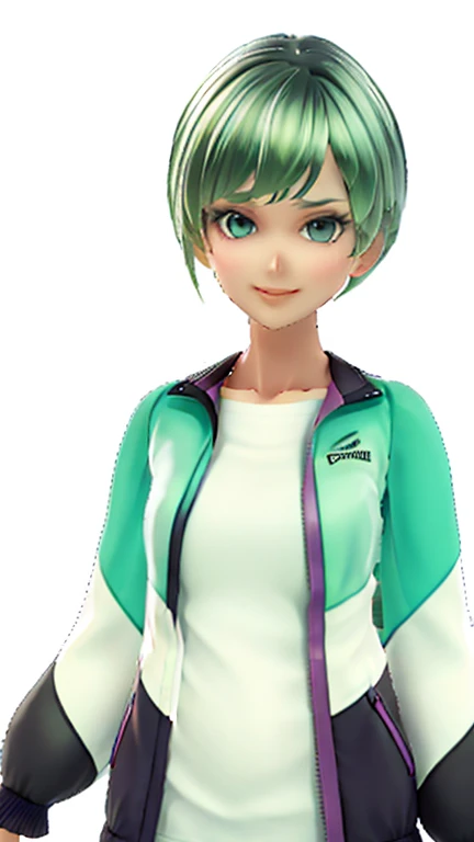 green hair,Emerald hair,short hair,short hair,bright face,upper body up,chest up,business woman,intellectual,smile,jacket,white shirt ,big bangs,beautiful bangs, laughter,drooling eyes, alone,Flow of hair that extends to the face,Big light blue eyes shine charmingly,green one piece,eyeliner,Shining white skin,