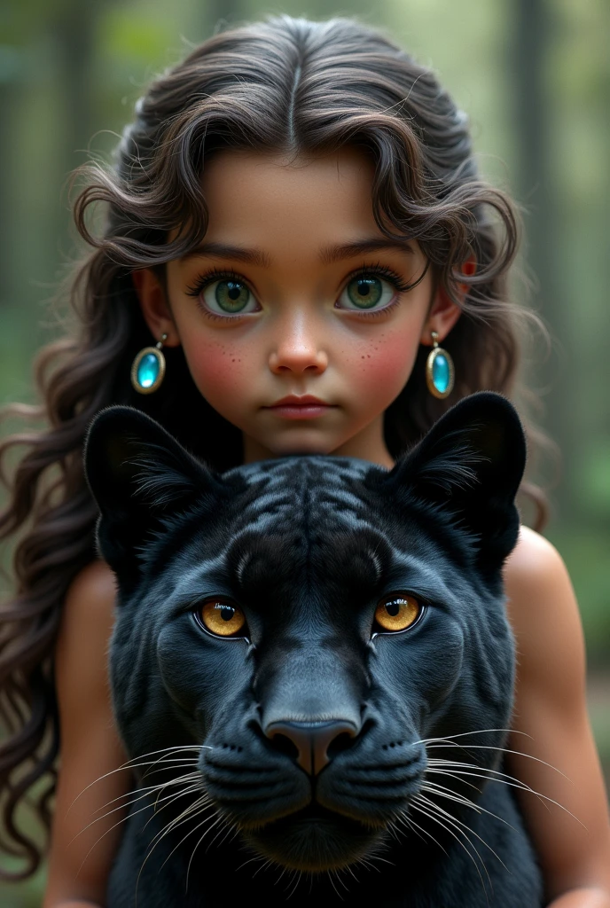 A girl with wavy chocolate brown hair and green eyes wearing a medal and blue oval gemstone earrings protecting a black panther with brown eyes 