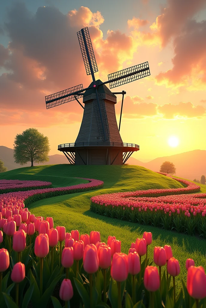 Large windmill in a green field with paths with many pink tulips on each side in a beautiful sunset 