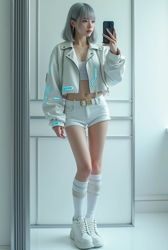 highly detailed, beautiful, hyper Realistic girl, masterpiece, best quality, highest quality, Highly detailed CG synthesis 8k wallpaper, High-definition RAW color photos, bright, Depict a mysterious and sophisticated beautiful Japanese gravure model,, 28-years-old, identity hidden, all body shot, / gray arranged hair, small head, Detailed face, cute and Pretty slim face, wide Duck mouth, perfect beautiful Tooth, arranged gray hair, shiny eyes, blue-colored eyes, Realistic skin, Detailed face, / Here’s a chic and futuristic costume design based on a cyberpunk jogger theme:
Top: A white cropped over sized jacket with luminescent blue circuitry patterns and silver badges, blending cyberpunk and authority. The jacket features a high collar and zippered front for a sleek look.
Bottoms: Slim, high-waisted short Leggings with striped Knee-high socks, with zettai ryouiki, holographic side stripes, and functional cargo pockets, offering both style and utility.
Footwear: white, sleek Sneaker with neon blue Thick soles and reinforced ankles, ensuring both durability and a cutting-edge appearance.
Accessories: A minimalistic belt with gold buckles, matching gold earrings, and LED-enhanced gloves, all exuding a powerful and authoritative presence. //// simple white single room, gray frame mirror, complicated background /// takes a selfie in her room using a smartphone in front of a mirror with one hand, standing and fashion model Posing, Sexy pose、(Are thin:1.4)、Slightly 、((Naughty pose、I can see your thighs))、Cowboy Shot, all body below shot, looking away from the camera,