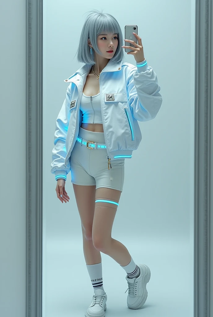 highly detailed, beautiful, hyper Realistic girl, masterpiece, best quality, highest quality, Highly detailed CG synthesis 8k wallpaper, High-definition RAW color photos, bright, Depict a mysterious and sophisticated beautiful Japanese gravure model,, 28-years-old, identity hidden, all body shot, / gray arranged hair, small head, Detailed face, cute and Pretty slim face, wide Duck mouth, perfect beautiful Tooth, arranged gray hair, shiny eyes, blue-colored eyes, Realistic skin, Detailed face, / Here’s a chic and futuristic costume design based on a cyberpunk jogger theme:
Top: A white cropped over sized jacket with luminescent blue circuitry patterns and silver badges, blending cyberpunk and authority. The jacket features a high collar and zippered front for a sleek look.
Bottoms: Slim, high-waisted short Leggings with striped Knee-high socks, with zettai ryouiki, holographic side stripes, and functional cargo pockets, offering both style and utility.
Footwear: white, sleek Sneaker with neon blue Thick soles and reinforced ankles, ensuring both durability and a cutting-edge appearance.
Accessories: A minimalistic belt with gold buckles, matching gold earrings, and LED-enhanced gloves, all exuding a powerful and authoritative presence. //// simple white single room, gray frame mirror, complicated background /// takes a selfie in her room using a smartphone in front of a mirror with one hand, standing and fashion model Posing, Sexy pose、(Are thin:1.4)、Slightly 、((Naughty pose、I can see your thighs))、Cowboy Shot, all body below shot, looking away from the camera,