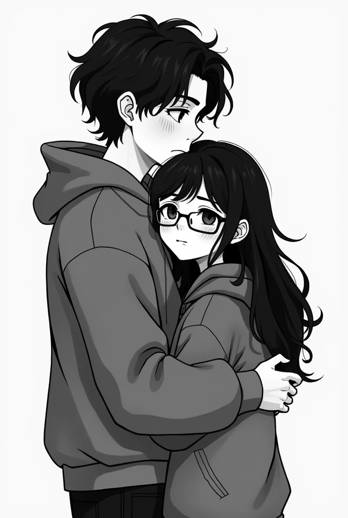 Back of tall, thin boy, with semi-long wavy hair in black and white with Argentine features, sad sweatshirt kissing a short girl , glasses, long black hair and bangs, round face and dimples on the cheek with Bolivian features with a sweatshirt