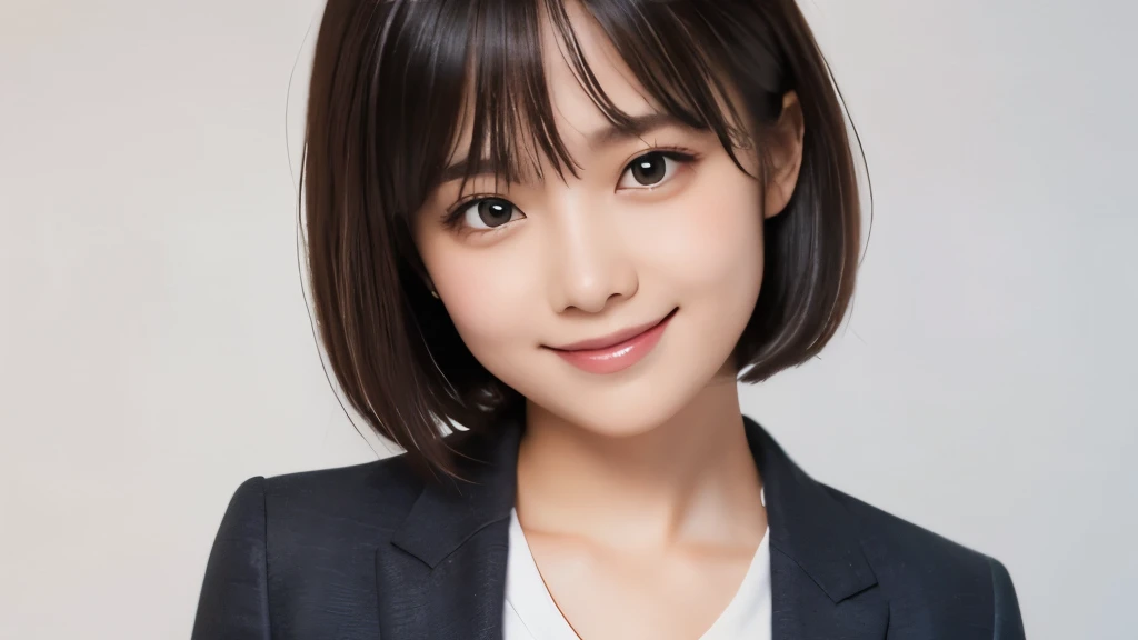 (Realistic: 1.4), (Highest quality: 1.4), (fine grain), ((White background)), ((Administrative job)), ((One Young Woman)), Black short bob hair, ((suit)), Big eyes, Blushed, ((smile)), Highly detailed face and skin texture, Healthy Skin, 8k resolution