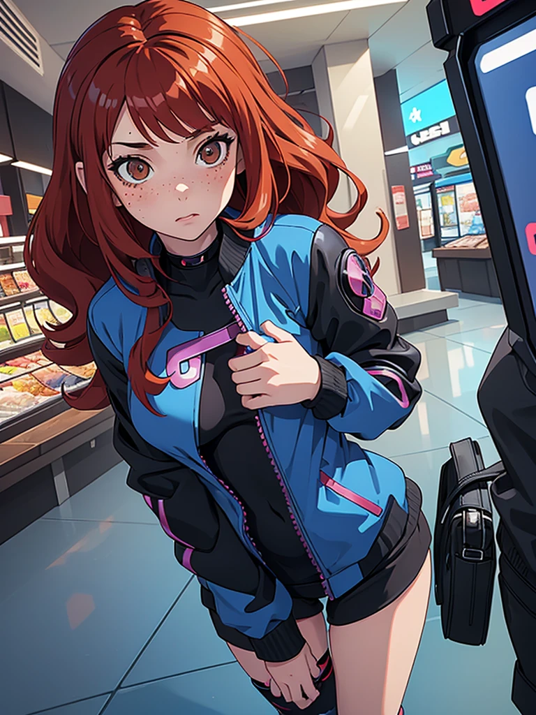 (masterpiece), (best quality), one girl alone, red hair,((brown eyes)),curly hair, anime style, freckles, (mall breast, (petite figure), blue and black cyberpunk jacket, legs, desert background