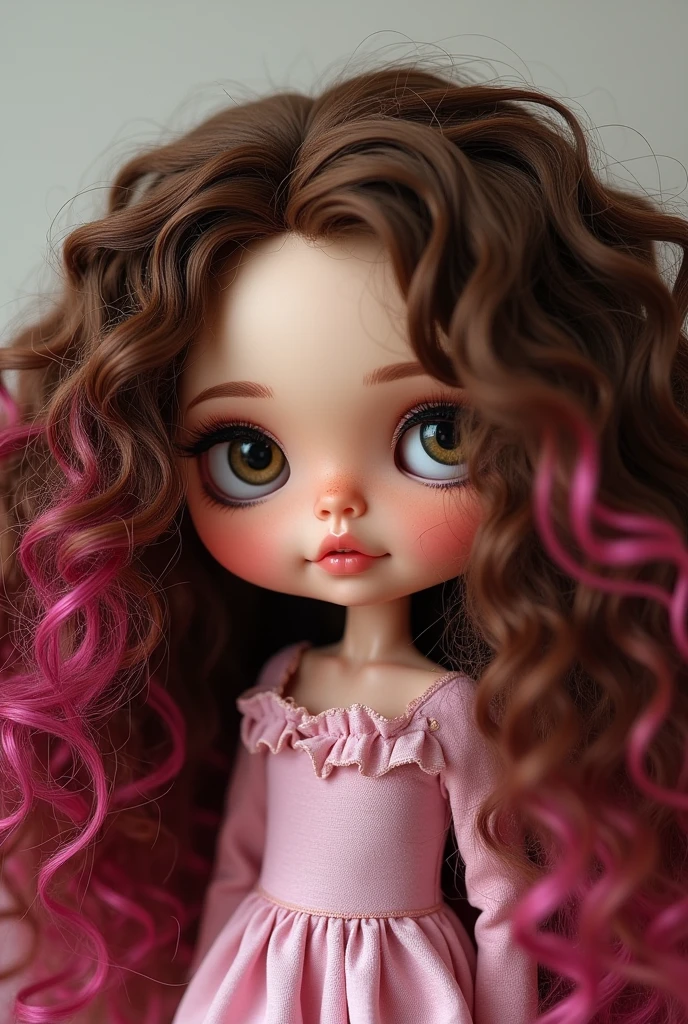 can you make a Blythe doll with voluminous brown curly hair with pink highlights?