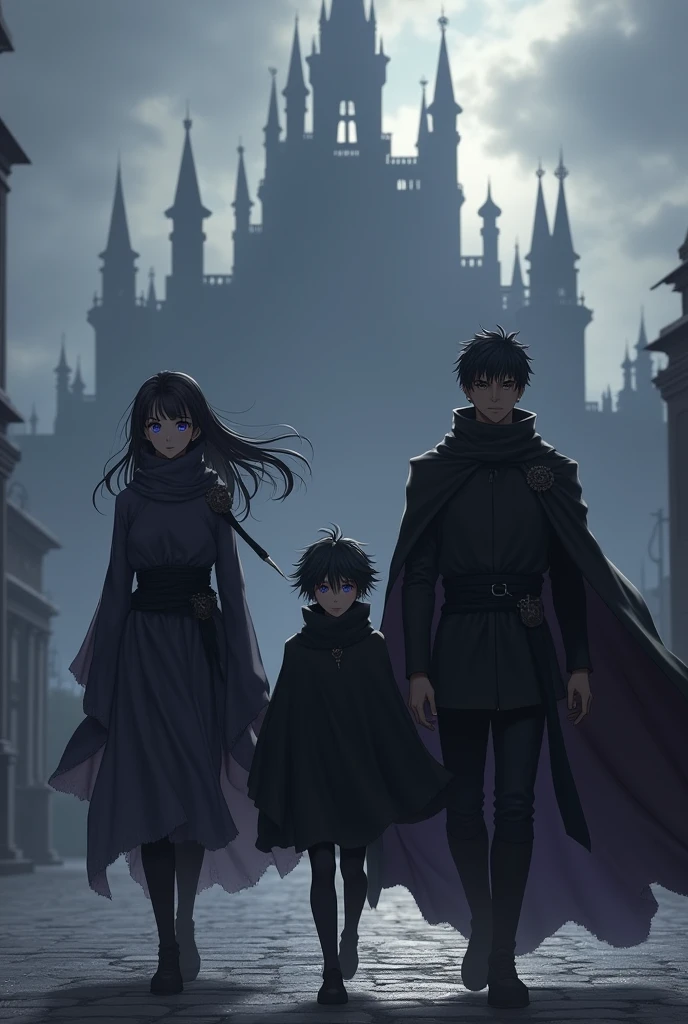 To create an illustration based on your description, I imagined a scene where three brothers arrive at the imposing imperial capital. Here is how I will describe the image generation:
**Description of the scene:**
- **Scenario**: A vast and majestic imperial city stretches out in the background, with high towers, wide stone streets, and an atmosphere of power and grandeur. The sky is cloudy, adding a dark and mysterious tone to the environment.
- **Personagens**:
- **older brother (Age 22)**: It's ahead, with a serious and resolute expression. He wears a simple black cloak, but which gives an air of authority.
- **Middle sister (18-years old)**: Walks beside his older brother, With black hair down to his shoulders. She wears tight black clothes., with a black skirt that flutters in the wind. His gaze is confident and watchful.
- **younger brother ()**: It's a little behind, partially covered by a black hood, hiding part of his face, but revealing the bright lilac eyes. He seems reserved, but pay attention to your surroundings.
- **Common Attributes**: All the brothers have black hair and lilac eyes., a detail that can be highlighted to create a strong visual connection between them.
- **Paleta de cores**: Predominance of black and dark tones, with the brightness of lilac eyes as a contrast