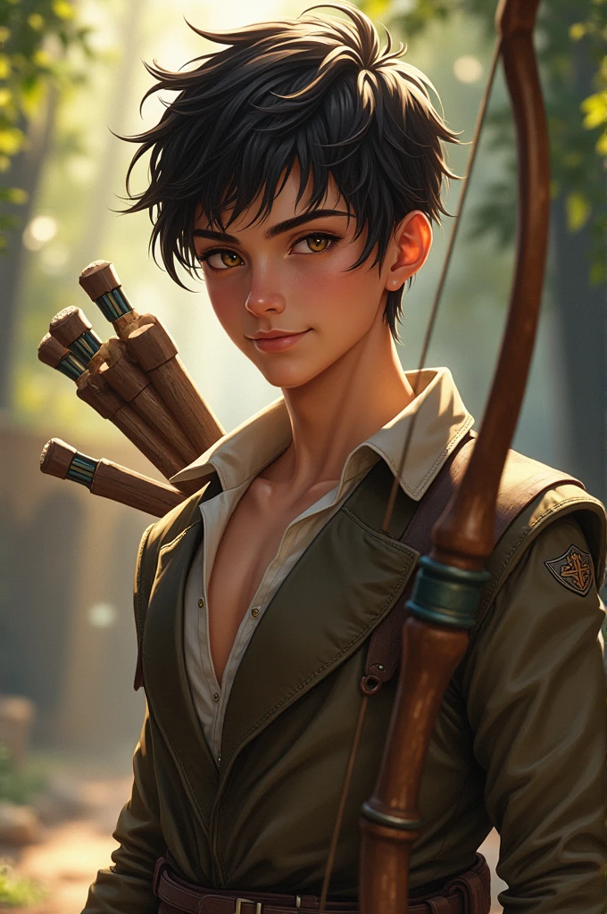 A young adult apprentice archer. Scrawny, Slender and smiling. Charming with a seductive gaze. His clothes fit perfectly to his bow